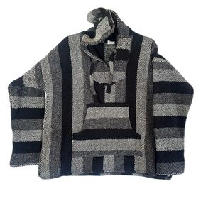 ELVIS Men’s Mexican Black And Gray Wide Stripes Hoodie Poncho Style Pocket XL